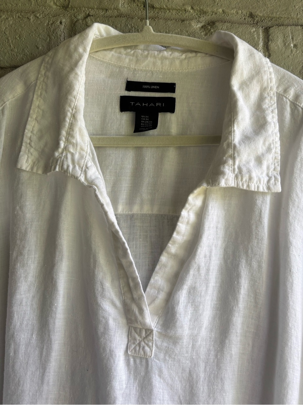 Tahari White V-Neck Collared Linen-Top Sz 3X PRELOVED 3/4 sleeve 4 button sides - Picture 3 of 5